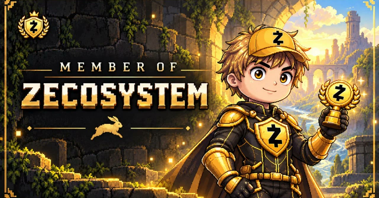 Member of Zecosystem: the boy in golden armour holding a Zcash trophy, the golden rabbit beside the title